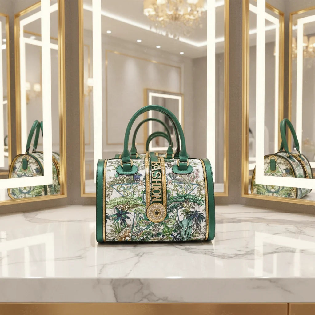 29cm green and white printed fashion trunk handbag for women with gold accents and elegant top handles.