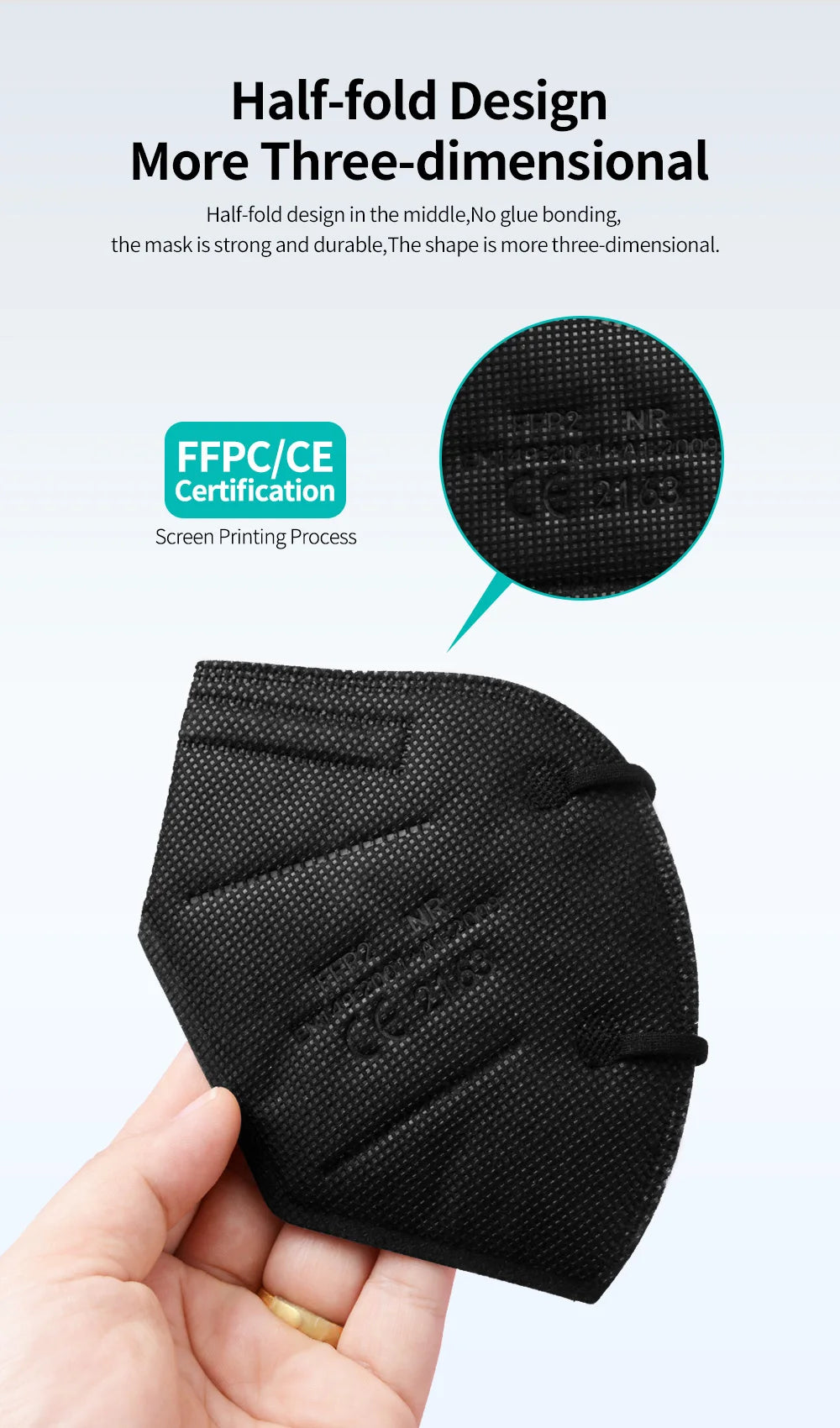 Black 5-layer FFP2 KN95 face mask with textured fabric, half-fold 3D design, and CE certification detail.
