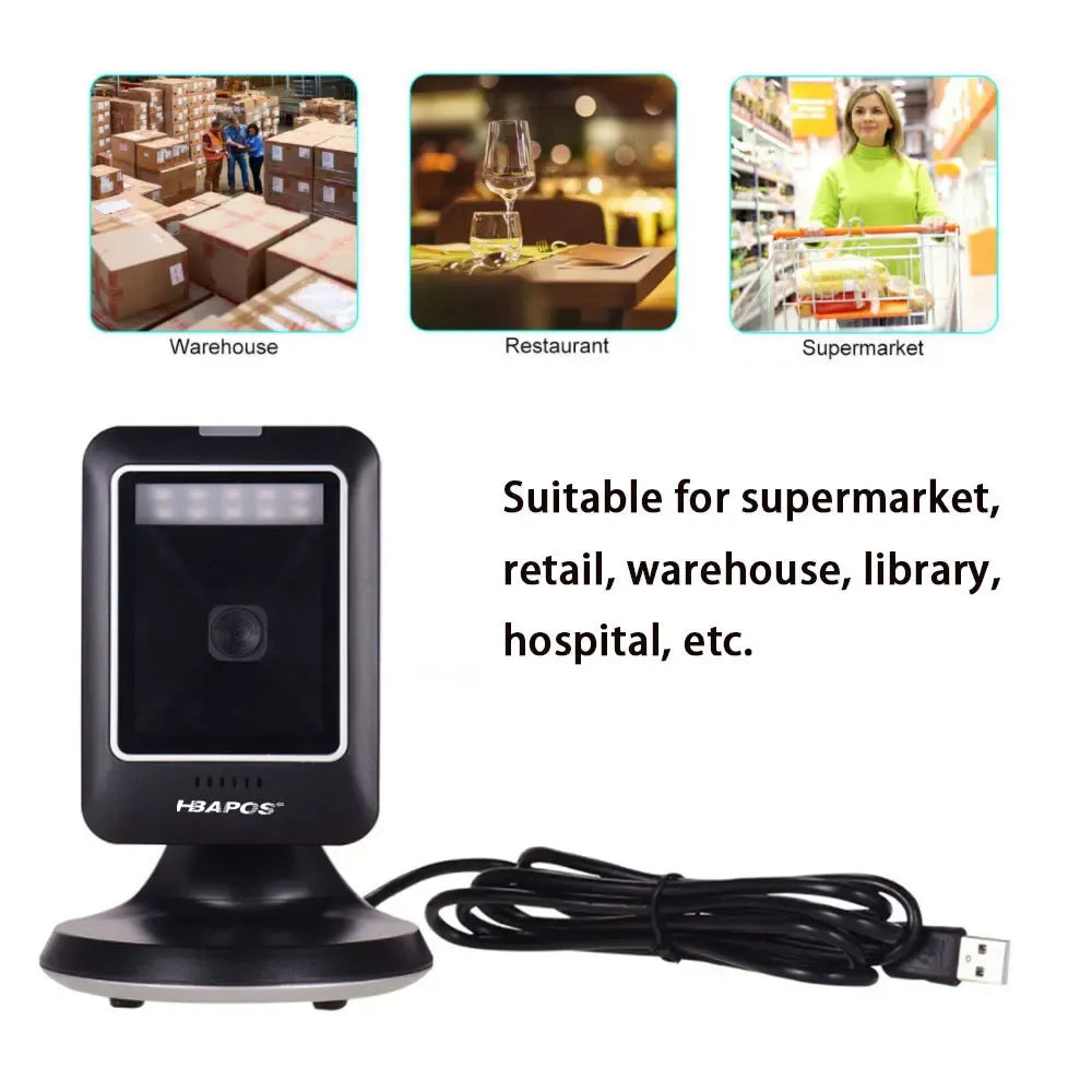 Black desktop barcode scanner with USB cable, suitable for retail and warehouse use