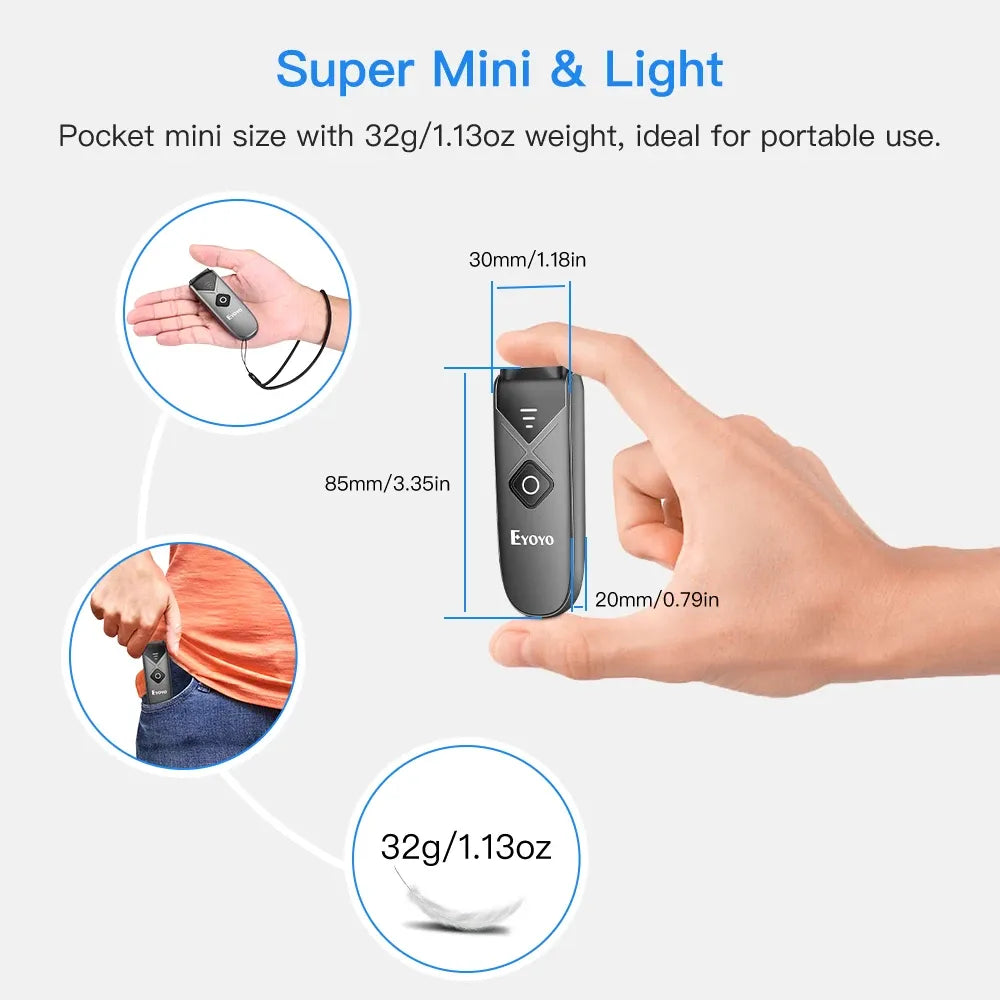 Eyoyo mini lightweight barcode scanner with hand for scale