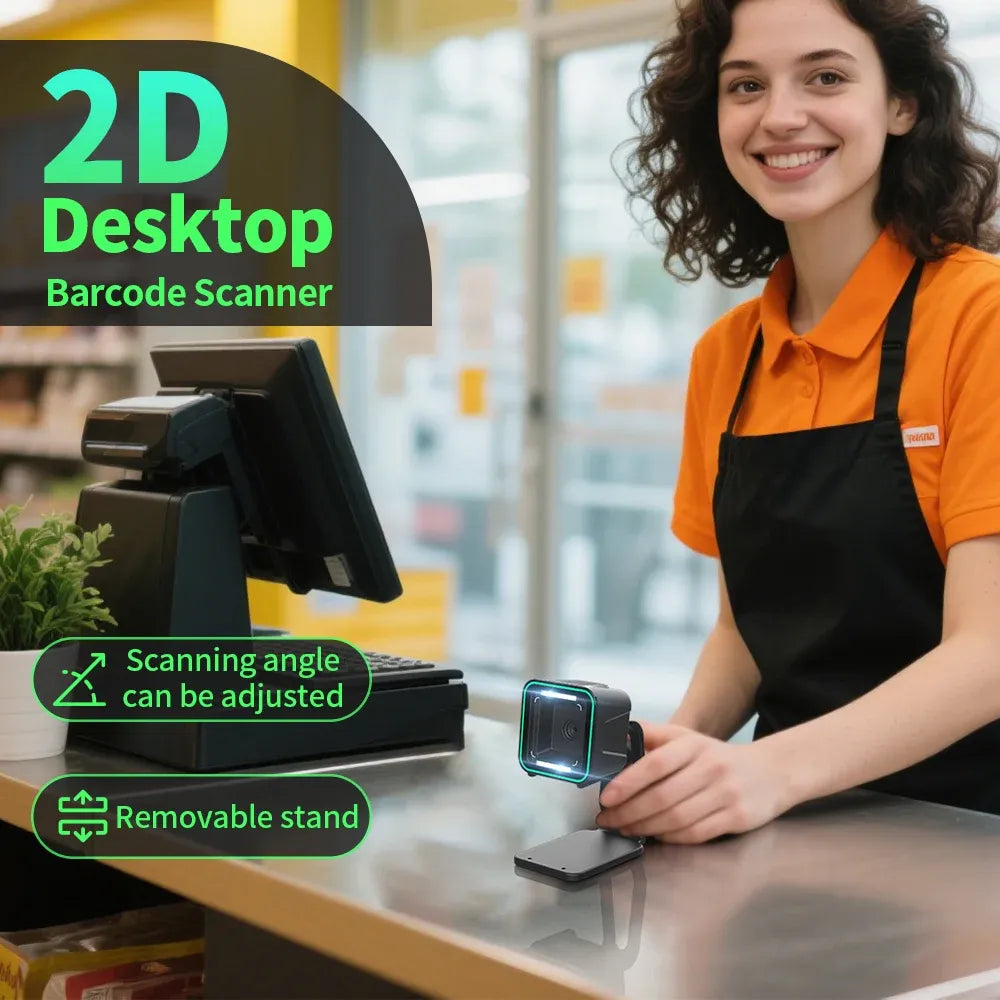Desktop barcode scanner on removable stand on checkout counter, scanning window lit
