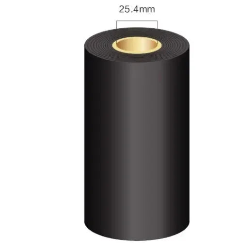 Black thermal transfer ribbon roll shown upright with 25.4mm width label