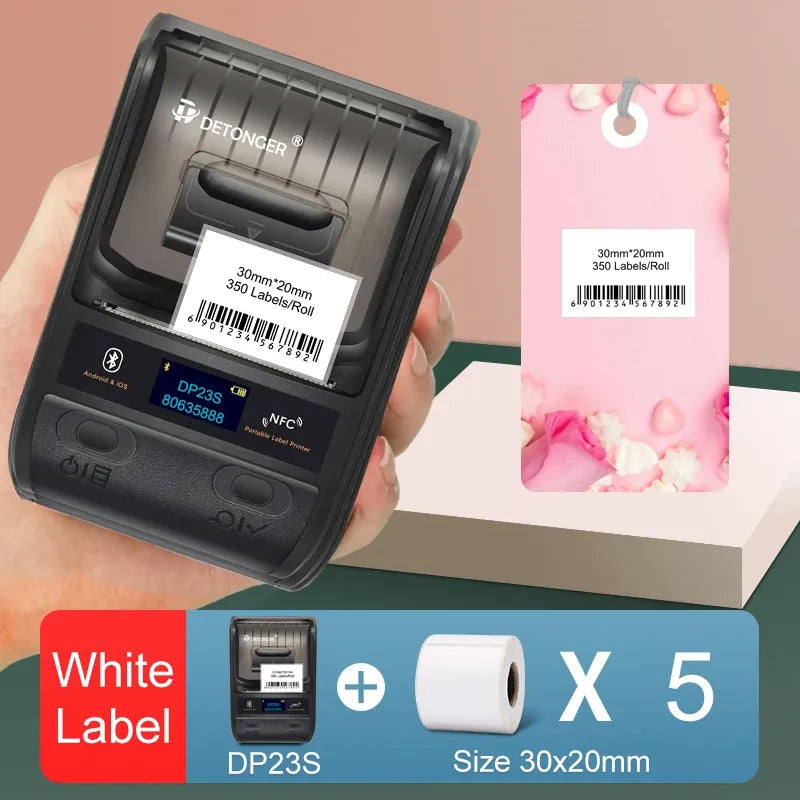 Black DP23S printer with five white label rolls, 30x20mm size shown
