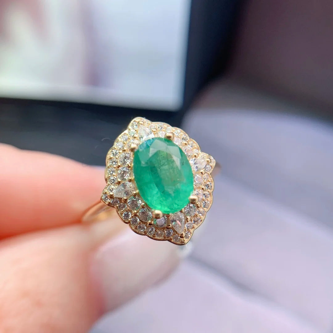Low MOQ OEM/ODM Luxury 925 Sterling Silver Gold Plated Natural Emerald Ring for Women's Wedding Gift