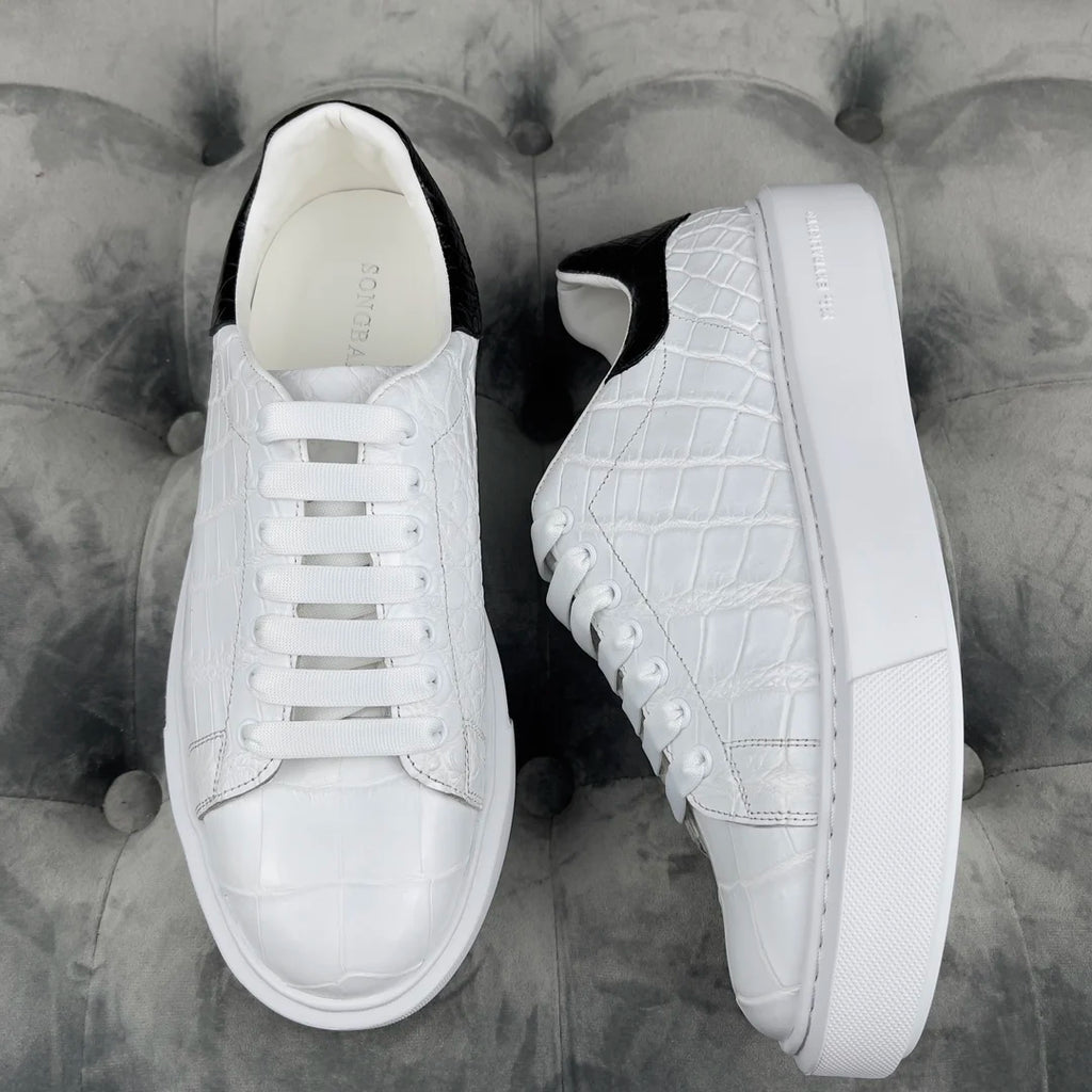 Handmade White Sneakers Alligator Leather Shoes Flat Skateboard Skater Shoes Wholesale Stylish Luxury Casual Shoes Men