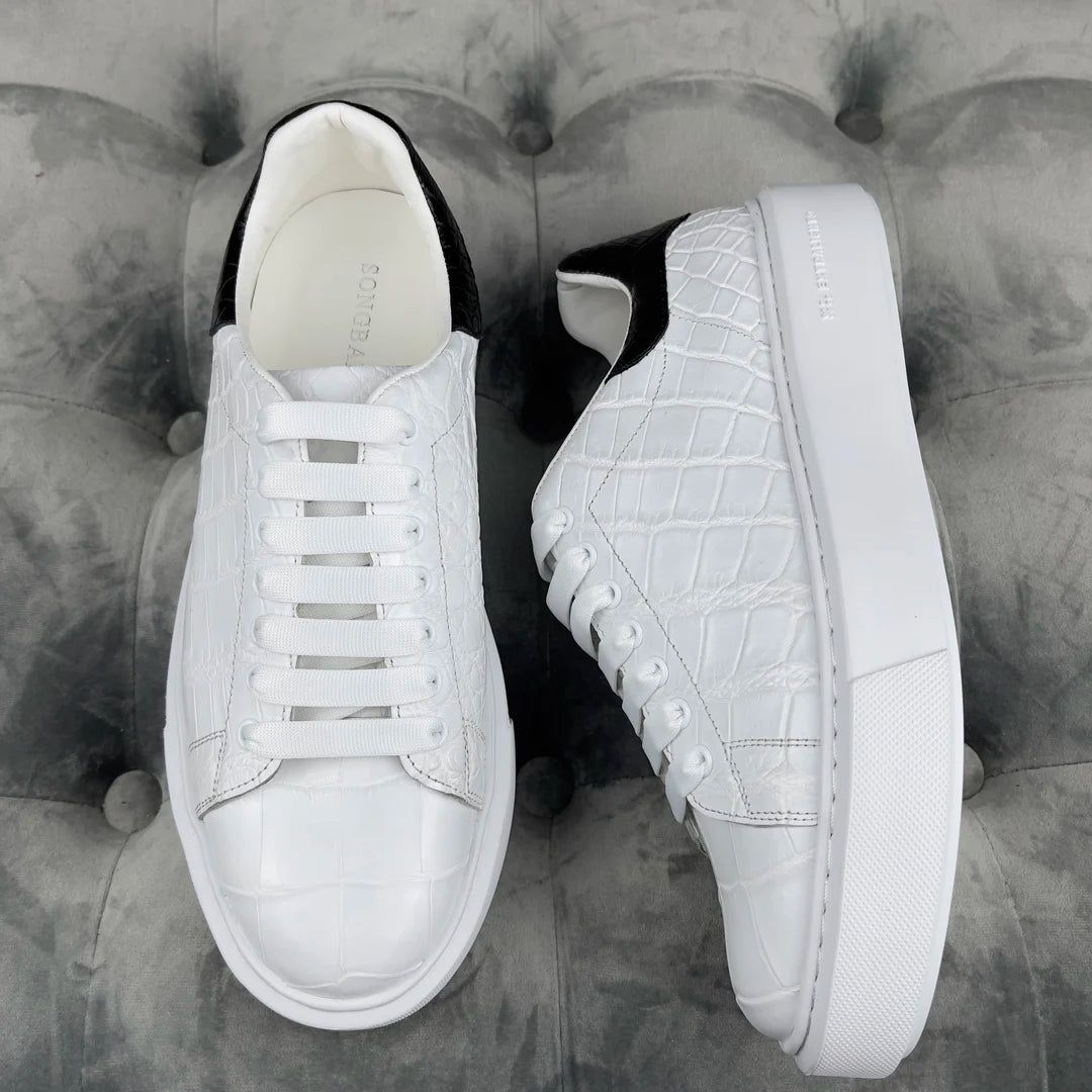 Handmade White Sneakers Alligator Leather Shoes Flat Skateboard Skater Shoes Wholesale Stylish Luxury Casual Shoes Men