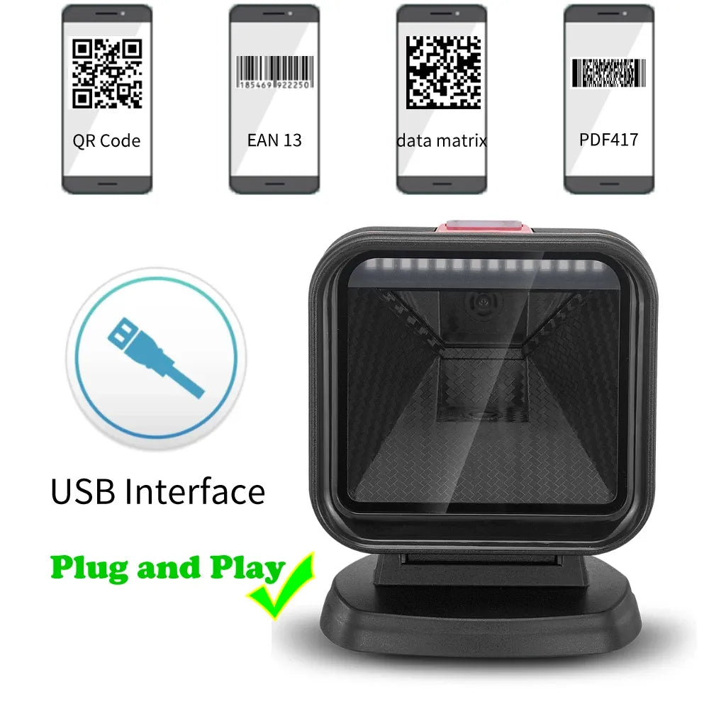 2D desktop barcode scanner with front scanning window on a stand