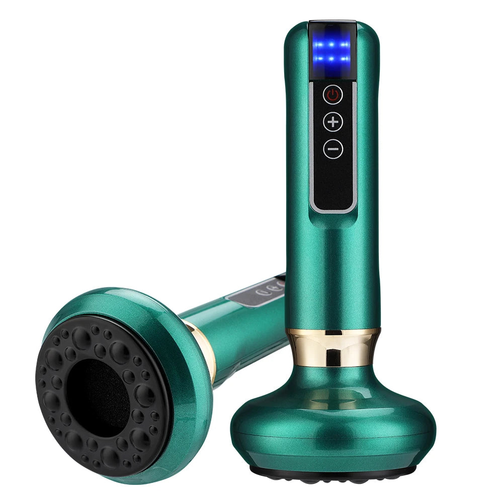 Green handheld electric cupping massager with vacuum suction, heat therapy, and digital control for body slimming.