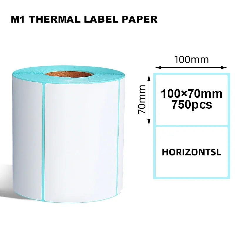Thermal label paper roll with size diagram: 100x70mm labels, 750 pcs