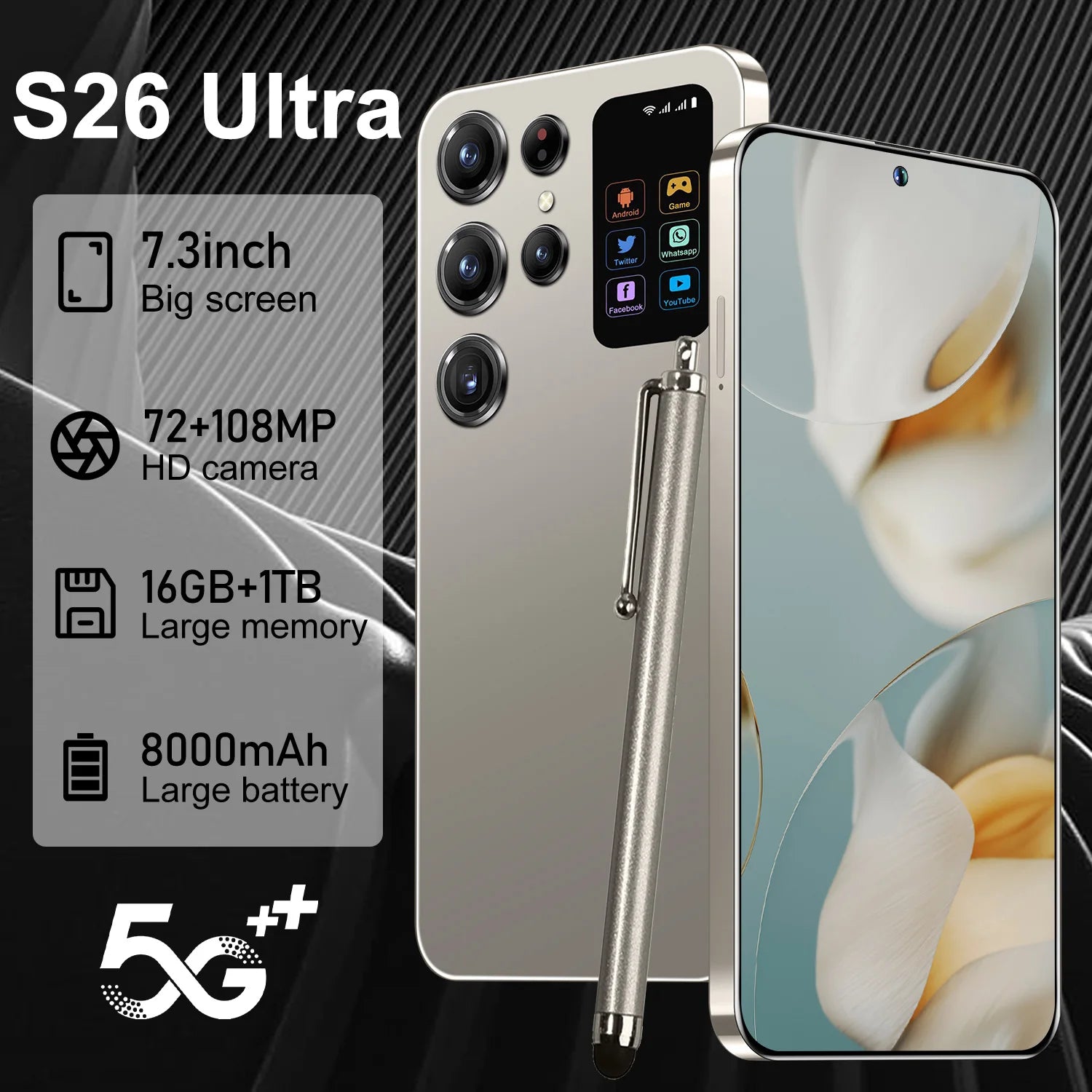 S26 Ultra 5G Smartphone 1TB Storage - 7.3-inch HD Display Gray 16g 1TB Tidesmit
