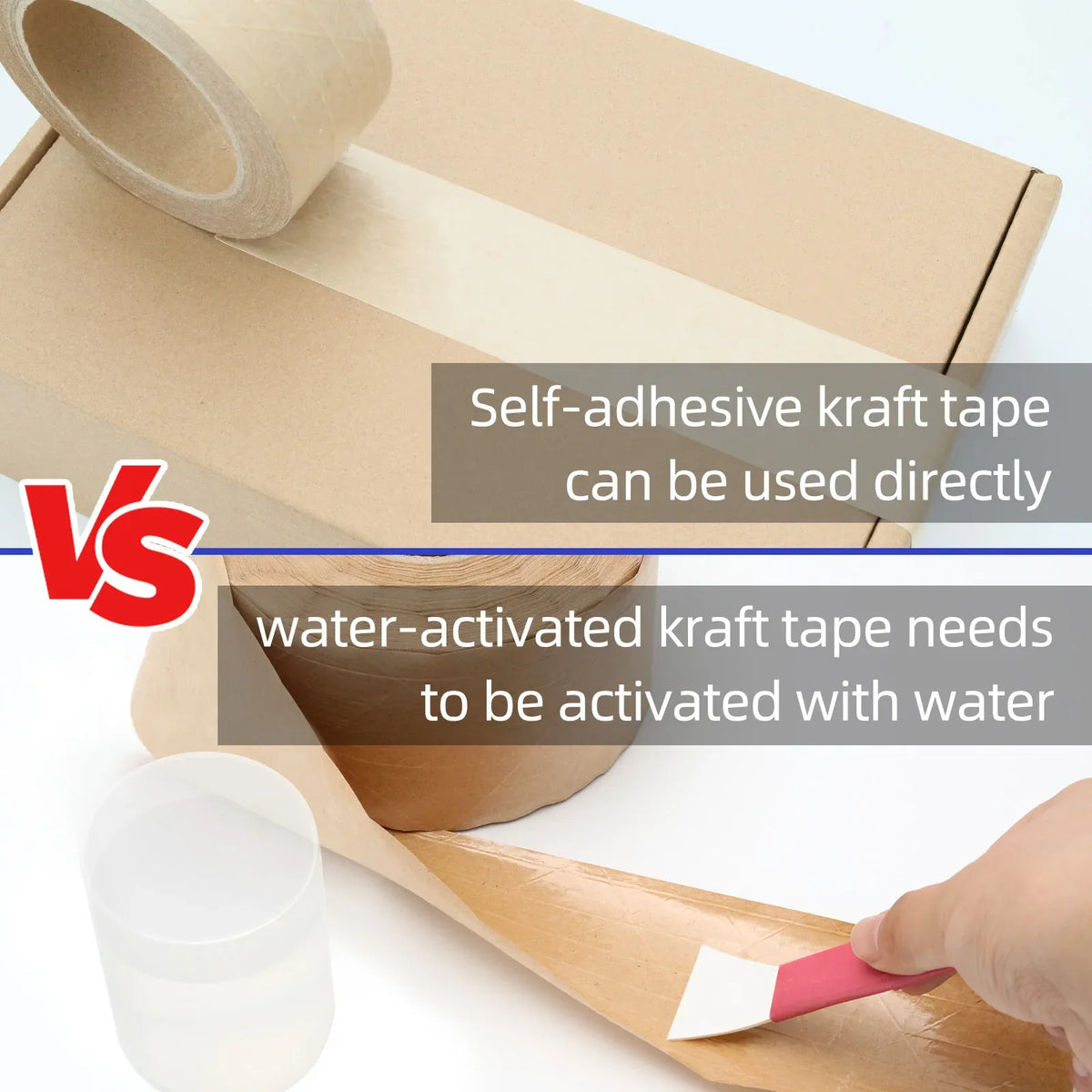 Brown self-adhesive kraft packing tape applied along a carton edge