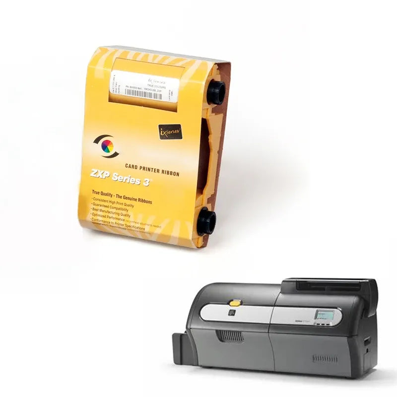 Yellow thermal transfer ribbon cartridge with printed label next to gray card printer