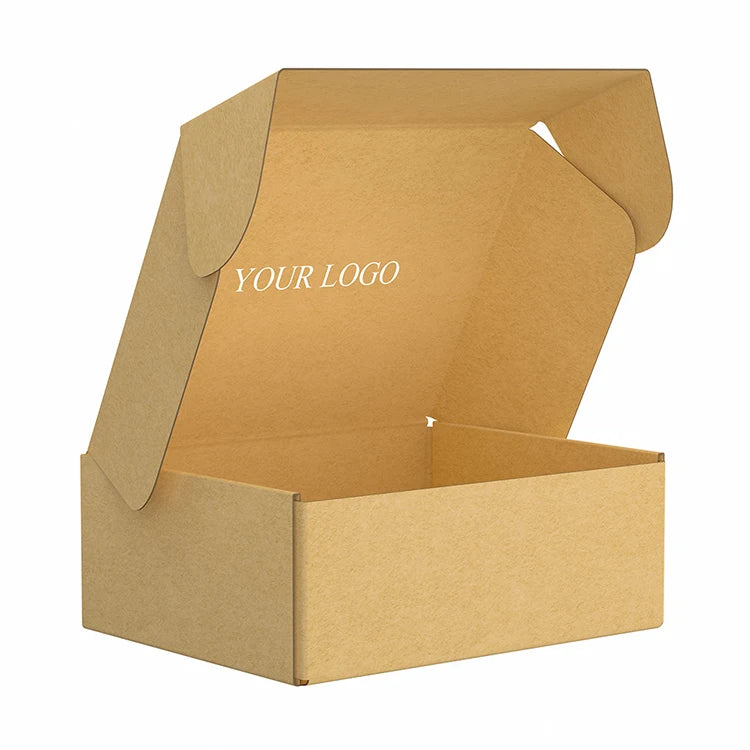 Brown corrugated cardboard mailer box with "YOUR LOGO" text on the inside