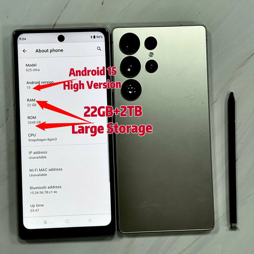 Two smartphones side by side, front screen and rear quad cameras visible.