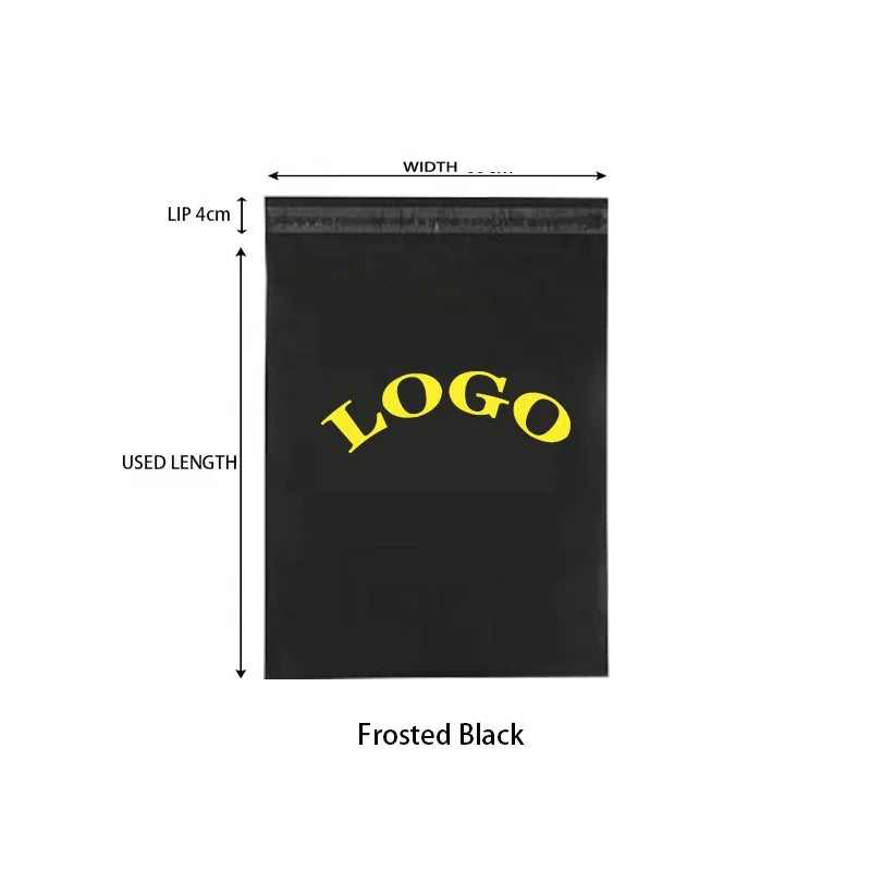 Frosted black self-seal poly mailer with size diagram and highlighted “LOGO”