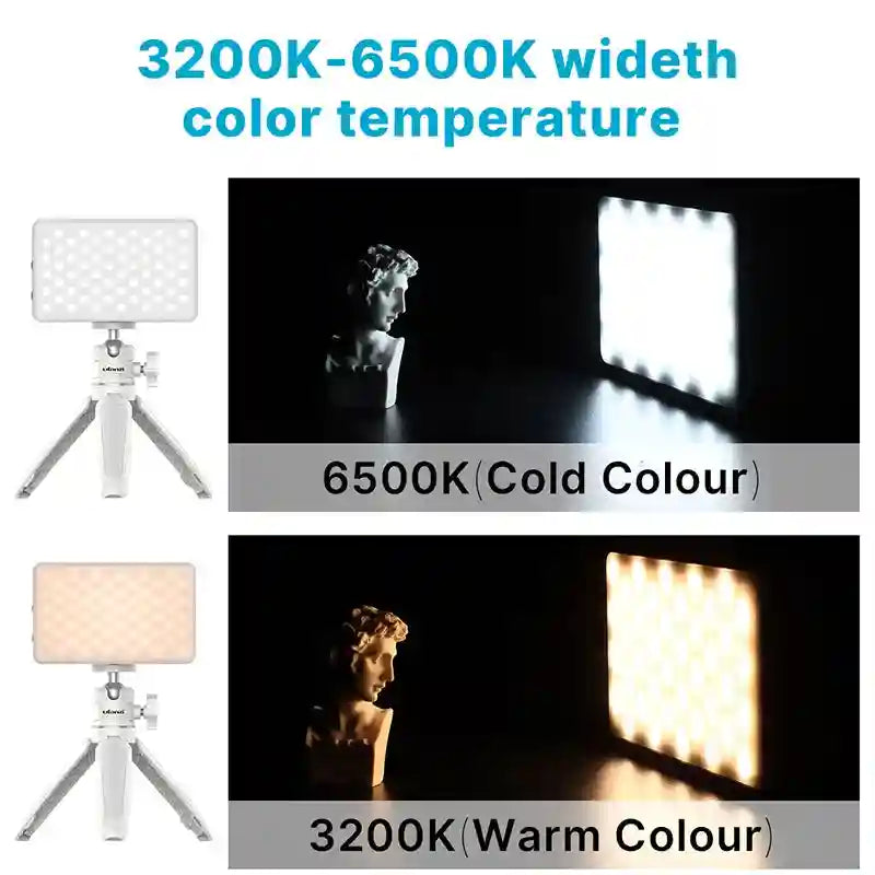 Rectangular portable LED video light with tripod, showing adjustable color temperature from 3200K warm to 6500K cold.