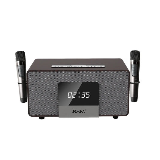 Bluetooth Speaker -RHM K222 Wireless BT Karaoke Subwoofer Speaker Two Microphones Mini Design Wood Material DC Power Personal Remote Control Box