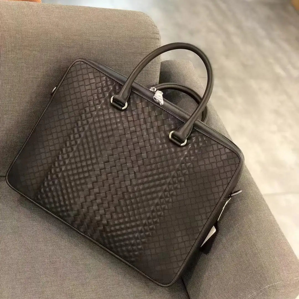 Luxury Embroidered Woven Leather Briefcase Men Imported Waxed Calfskin Slim Laptop Bag 13 Inch Business Office Handbag