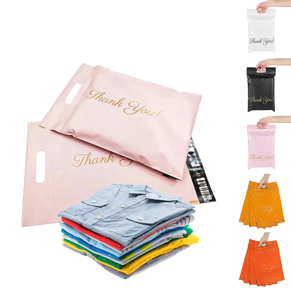 Pink self-adhesive waterproof packaging bag with cut handle and Thank You print