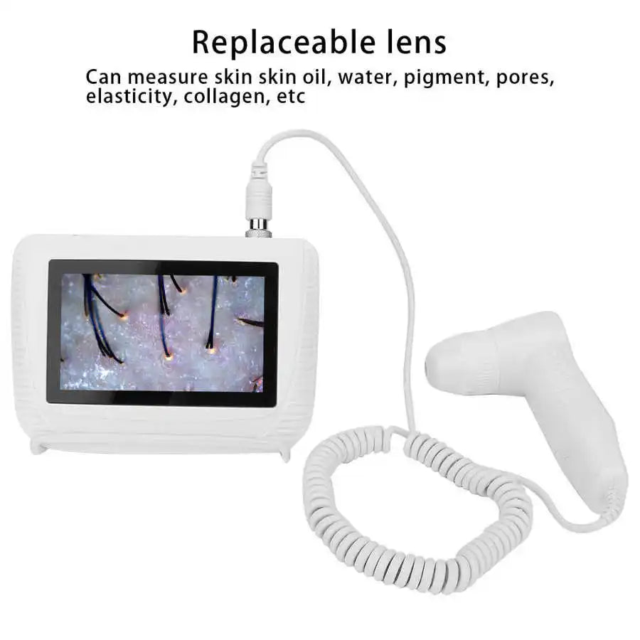 White digital skin and hair follicle analyzer with screen, magnifying lens, and handheld probe for skin care testing.