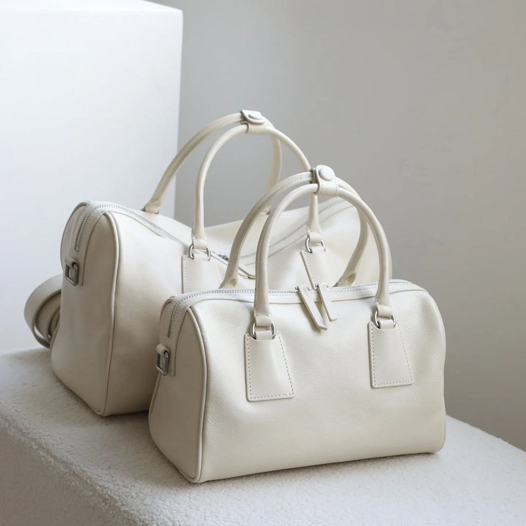 Vegetable-tanned Leather Luxury Minimalist Classic Two Zip Water Resistant Vintage Large-capacity Tote Handbag Boston Bag