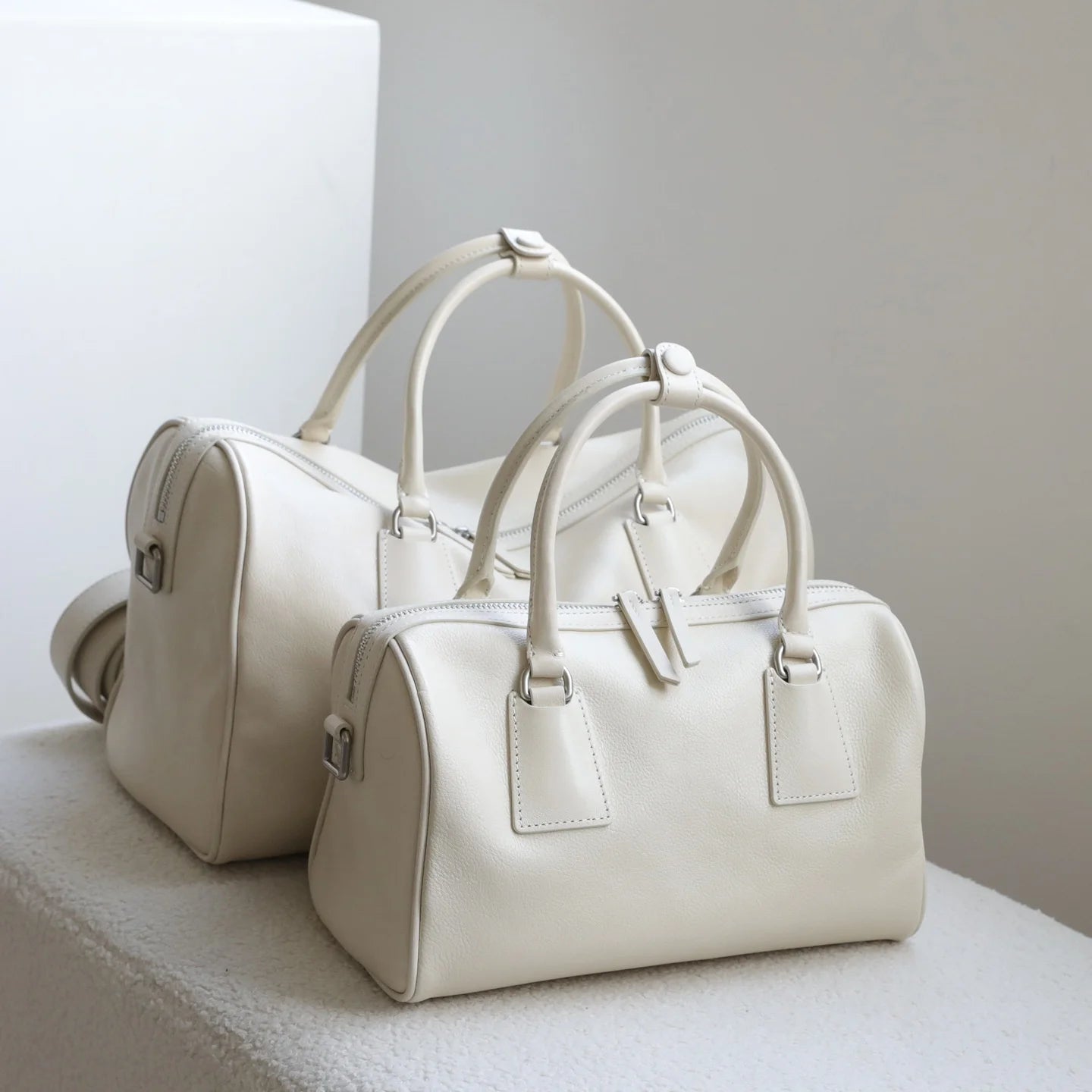 Vegetable-tanned Leather Luxury Minimalist Classic Two Zip Water Resistant Vintage Large-capacity Tote Handbag Boston Bag
