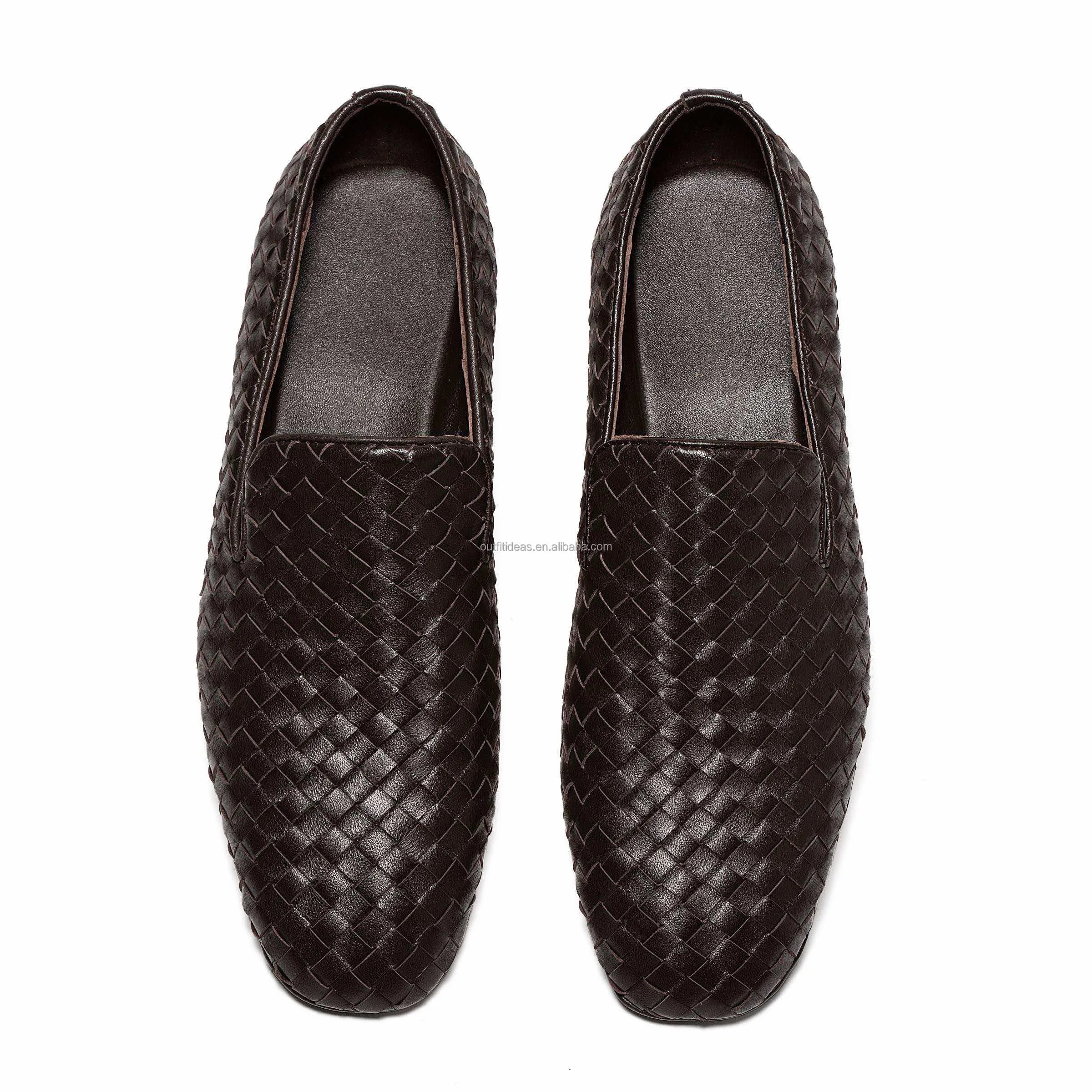 Large Size 47 Genuine Leather Intreccia Sunday Slippers Unisex Women Slip-on Dress Men Wedding Shoes Brown Men Leather Loafers
