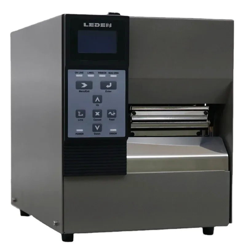 Black 24mm label barcode thermal transfer printer with front touchscreen and output slot