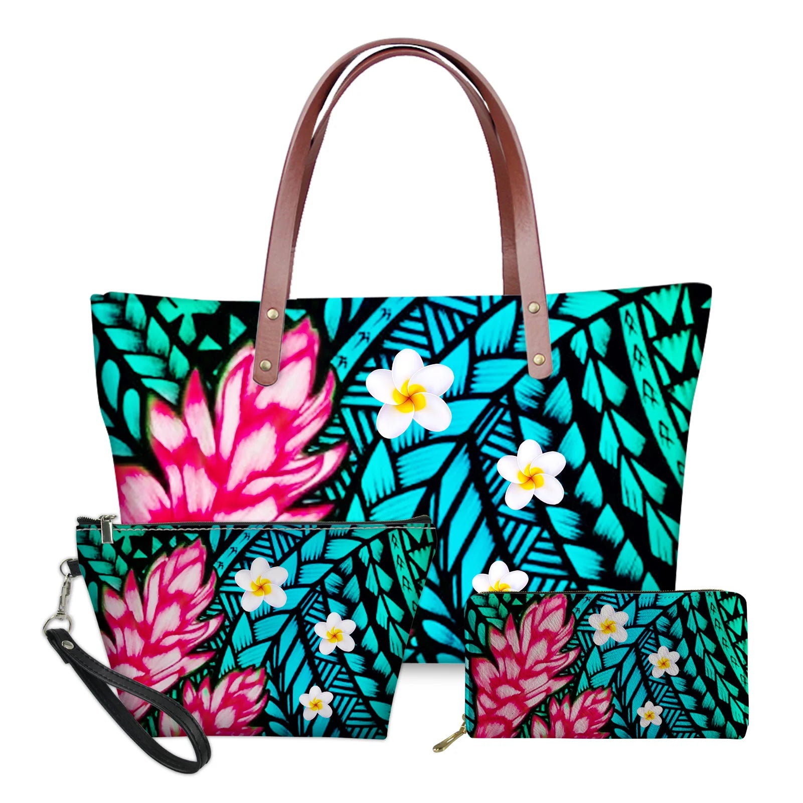 3-piece handbag set with turquoise Polynesian tribal print, pink ginger flowers, and white plumeria accents.