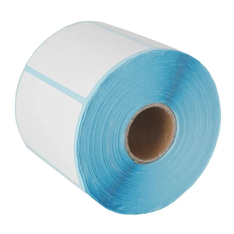 Heat-sensitive barcode label roll, white labels with light blue backing edge