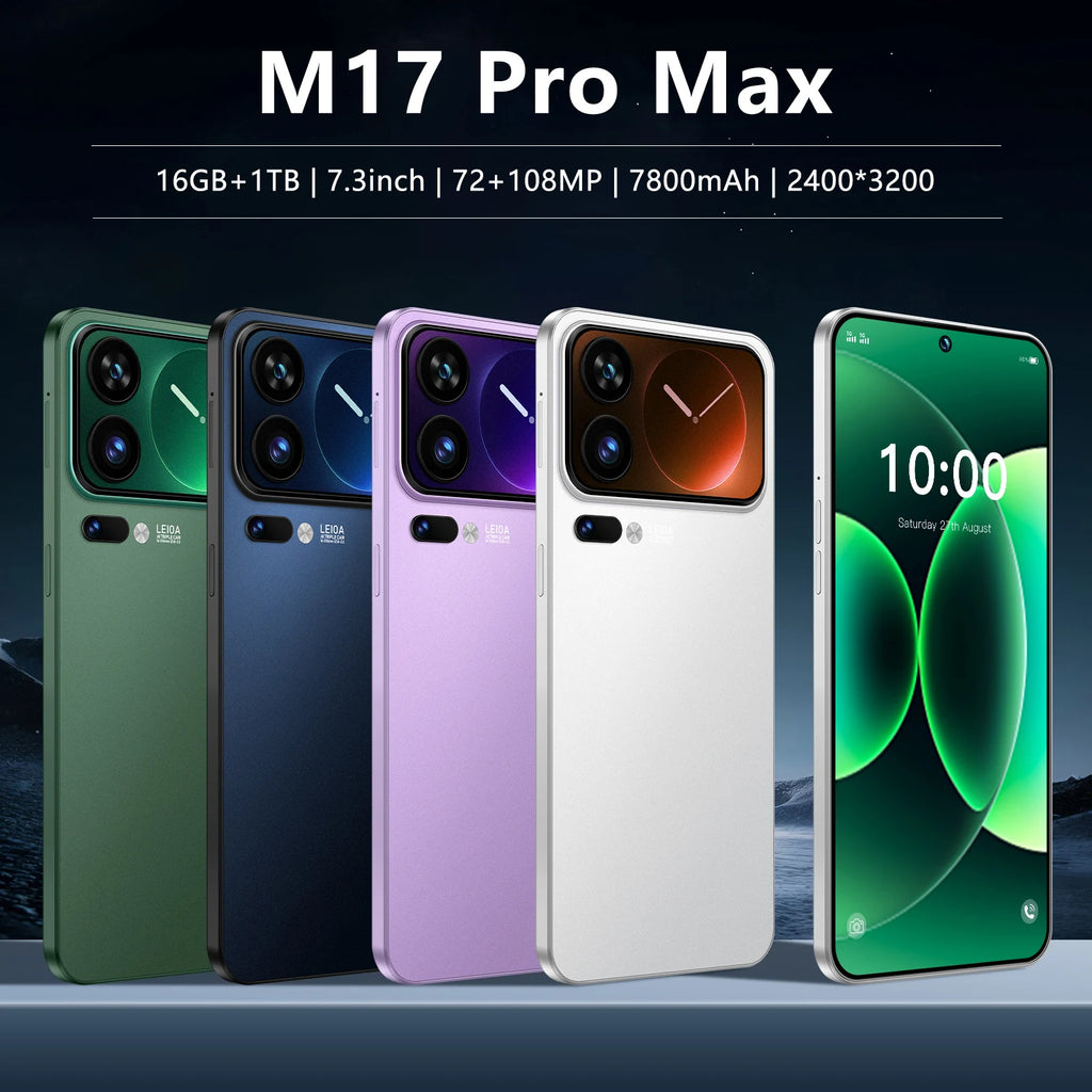 2026 M17 Pro Max 5G smartphone with 7.3-inch OLED display, 16GB RAM, 1TB storage, and pro-grade camera system.