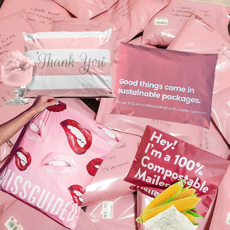 Stack of pink compostable mailer bags with printed thank-you and sustainability text