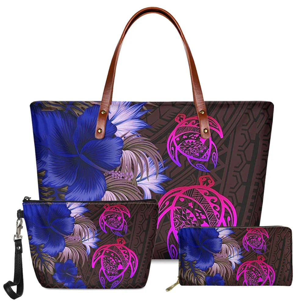 3pc handbag set, brown with blue floral and pink Polynesian tribal turtle print, featuring leather-look shoulder straps.