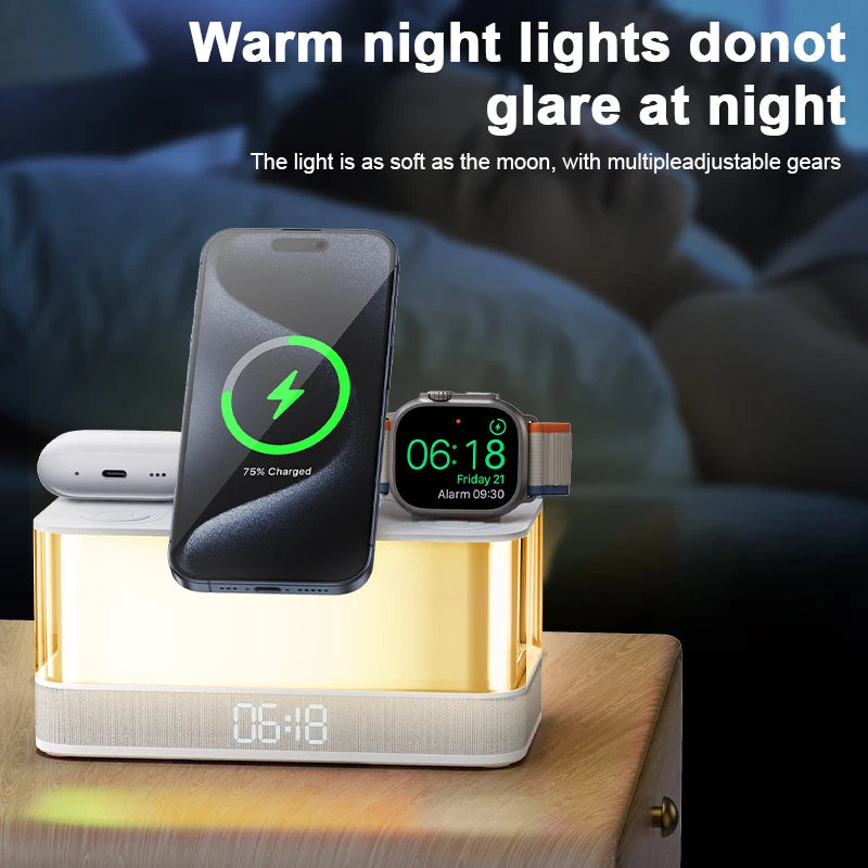 Hot Products Bedroom Multifunctional RGB Night Light Alarm Clock Mobile Phone Holder BT Speaker 6 in 1 Wireless Charger 15W Tidesmit