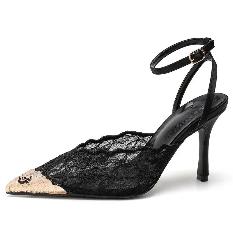 Women's Elegant Black Lace Stiletto Heels Pointed Toe Ankle Strap Metallic Cap Party Wedding Pumps