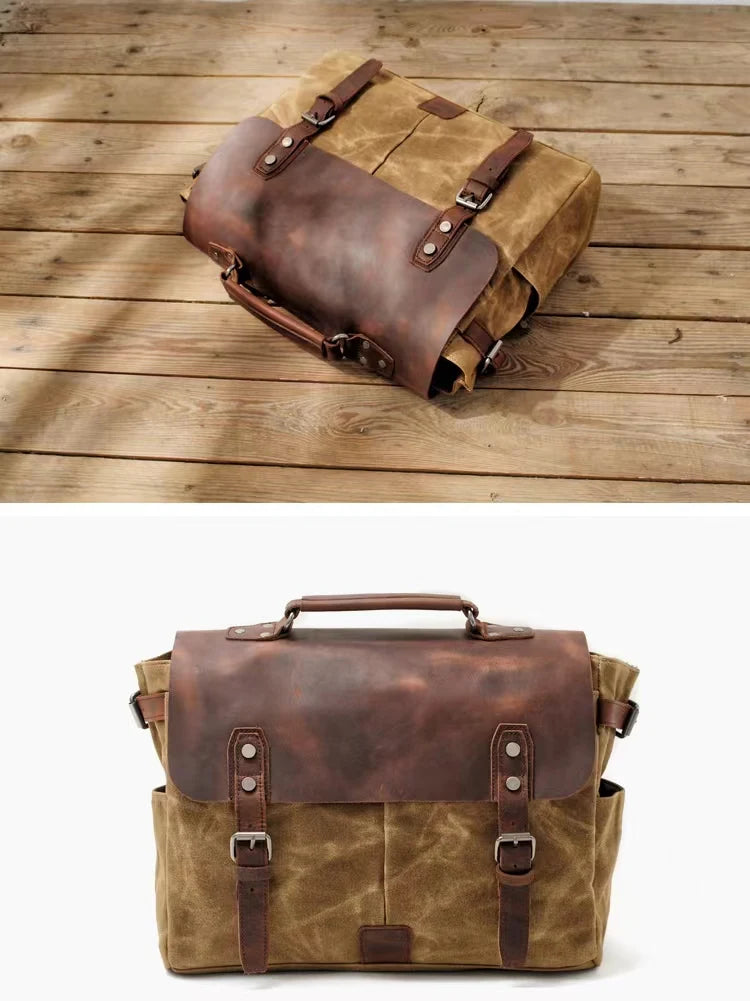 Retro waterproof motorcycle trunk in oil wax canvas and brown crazy horse leather with double buckle messenger straps.