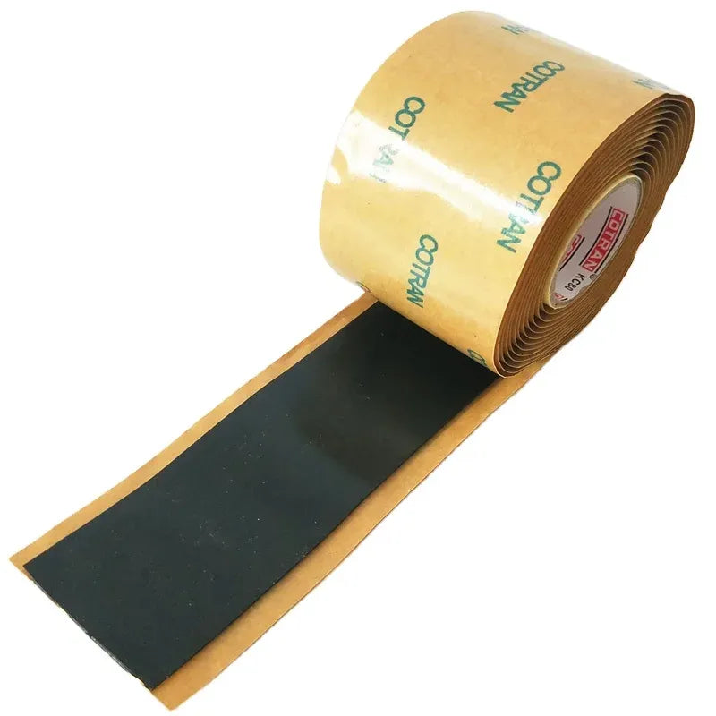 Waterproof mastic tape with exposed black strip extending from tan backing roll