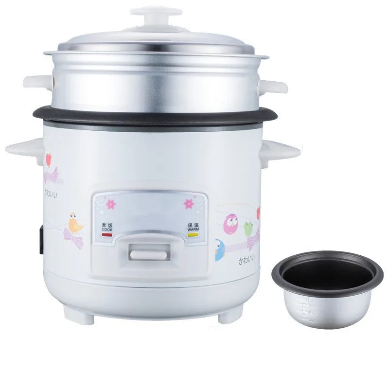 Two-layer mini electric rice cooker with lid and inner non-stick pot, white exterior