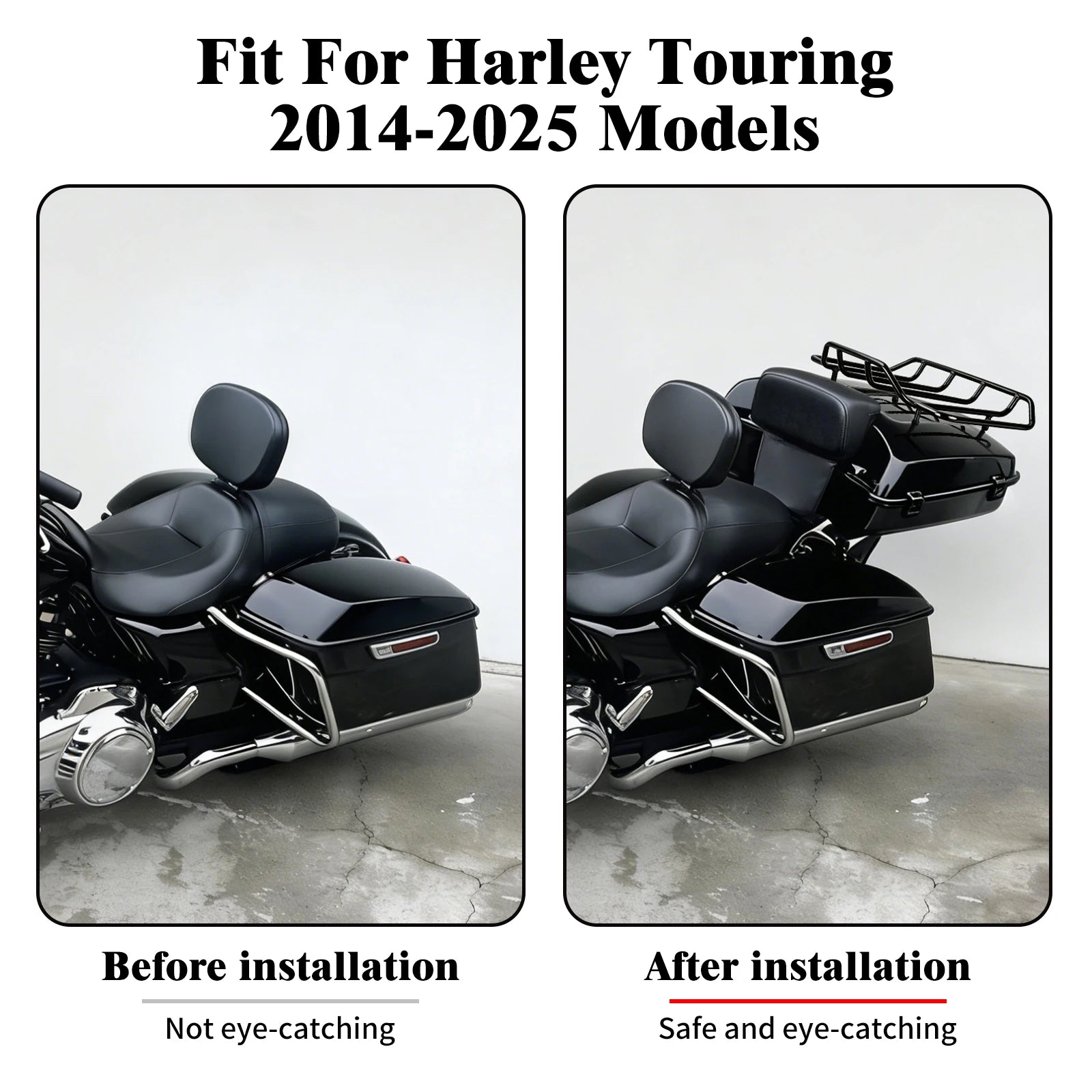 Black gloss tour pack trunk with passenger backrest and luggage rack for Harley Touring 2014-2025 motorcycles.