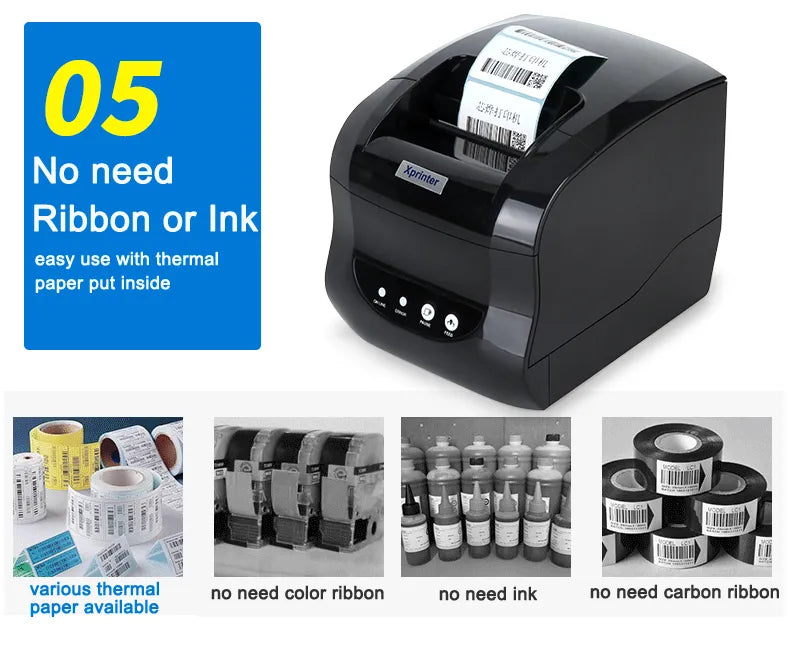 Compact black thermal printer showing front status buttons and top label roll slot