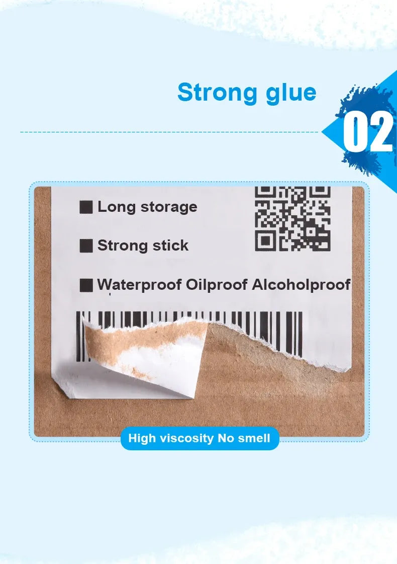 Thermal label sample sheet with barcode and QR code, blank label area