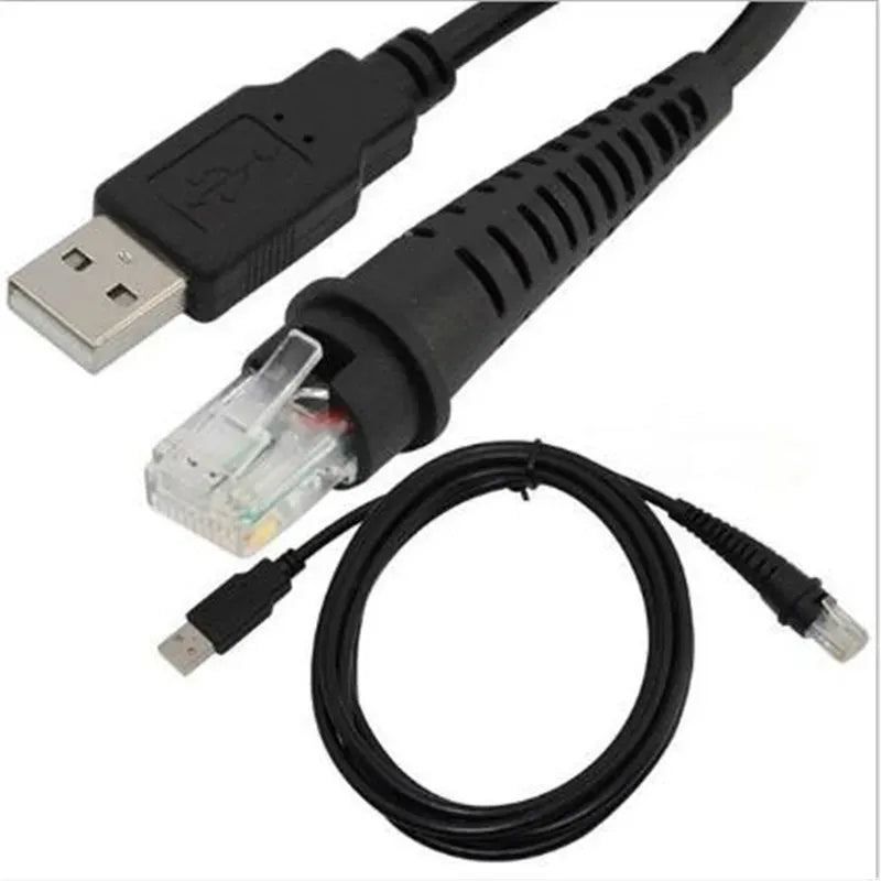 USB-A to RJ45 cable with molded plugs and black jacket, barcode scanner lead