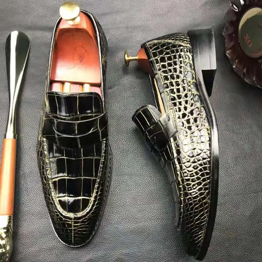 Trendy Genuine Crocodile Leather Shoes Black Gold Loafers Men Wedding Party Footwear Casual Shoes Slip-on Men's Dress Shoes