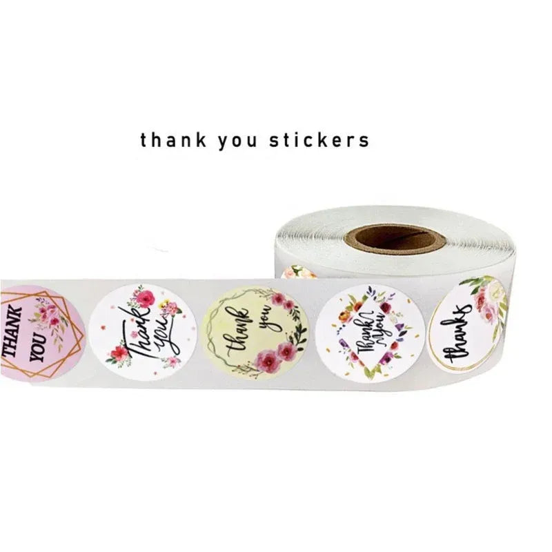 Thank you flower stickers roll with round floral labels on white backing
