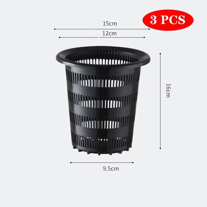 Black plastic hydroponics mesh basket pot, 9.5 cm size, 3 pcs set
