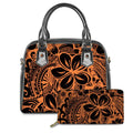 Black and orange Polynesian tribal print PU leather mini handbag and matching zip wallet set.