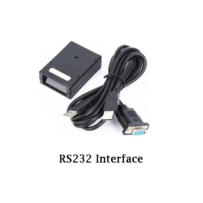 Black fixed 1D laser barcode scanner with RS232 interface cable and ports