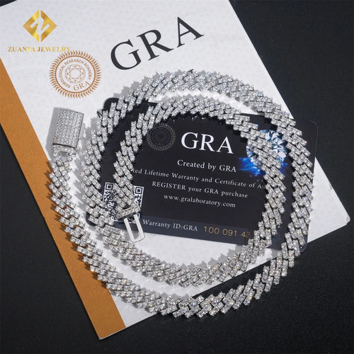 Icy diamond prong-set cuban link chain, silver tone, GRA certified, hip hop jewelry necklace with box clasp closure.