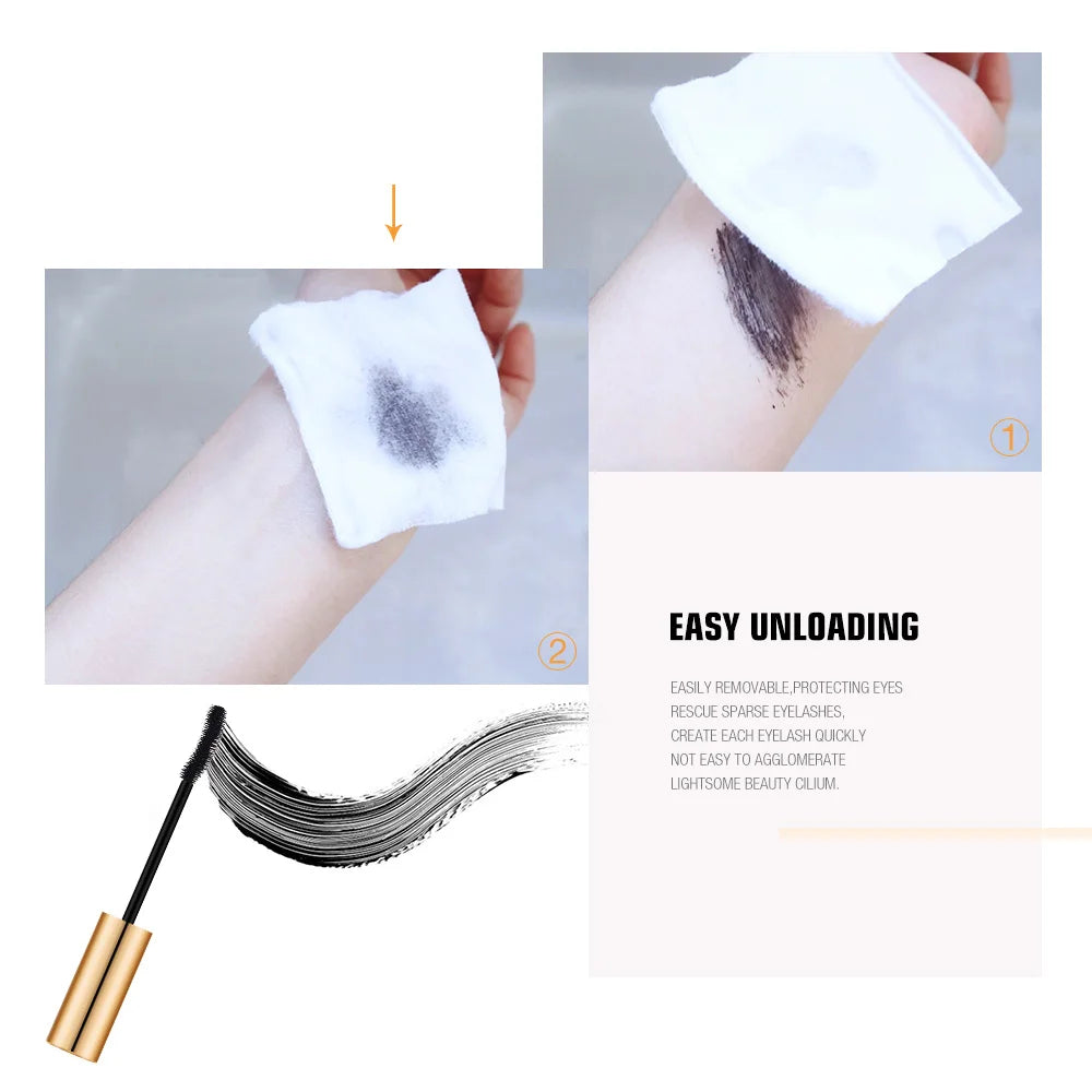 O.TWO.O black 3D lengthening mascara wand with smooth texture and easy-to-remove formula, shown swatched on skin.