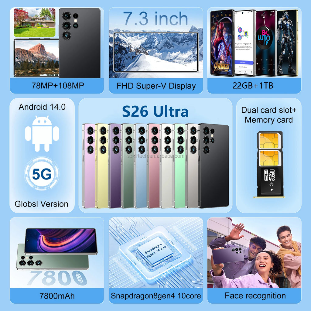 S26 Ultra 5G Smartphone, 22GB RAM, 1TB Storage, 7.3 Inch Screen Tidesmit